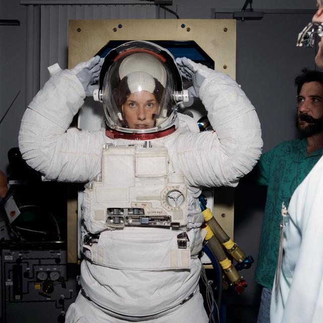 NASA image: Astronaut N. Jan Davis participates in EMU suit fitcheck at JSC