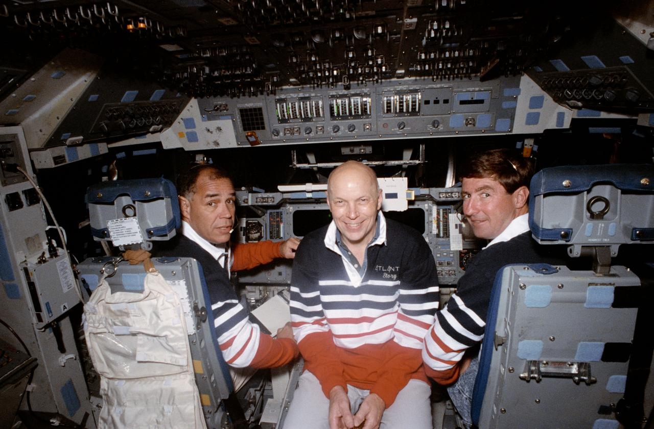 S91-35303 (22 April 1991) --- Astronauts Frederick D. Gregory (left) and Terrence T. Henricks (right), STS-44 commander and pilot, respectively, are joined near their launch and entry stations by F. Story Musgrave, mission specialist. The three pause while rehearsing some of the activities that will be performed during the scheduled ten-day November flight.  Musgrave will be in a rear cabin station during launch and entry phases of the flight deck of the fixed-base Shuttle Mission Simulator (SMS) in the Johnson Space Center's mission simulation and training facility.