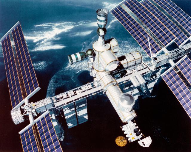 NASA image: Space Station Freedom option A with two Soyuz ACRV capsules docked at ports