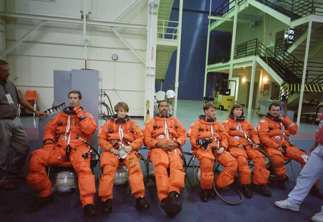 NASA image: STS-63 crewmembers during egress training