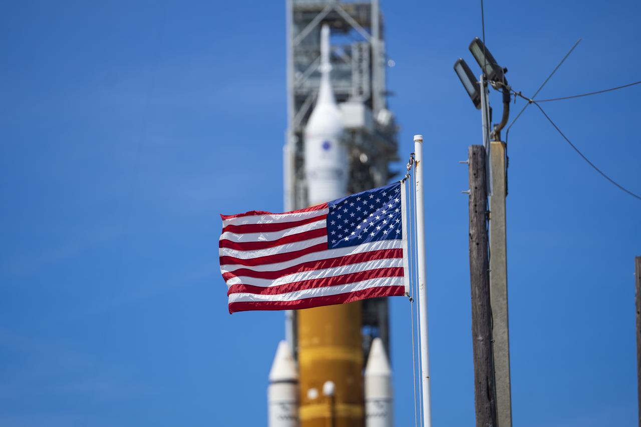 NASA’s Space Launch System (SLS) rocket with the Orion spacecraft aboard is seen atop the mobile launcher at Launch 39B at NASA’s Kennedy Space Center in Florida. Artemis I mission is the first integrated test of the agency’s deep space exploration systems: the Space Launch System rocket, Orion spacecraft, and supporting ground systems. The mission is the first in a series of increasingly complex missions to the Moon. Launch of the uncrewed flight test is targeted for no earlier than Aug. 29 at 8:33 a.m. ET. With Artemis missions, NASA will land the first woman and first person of color on the Moon, using innovative technologies to explore more of the lunar surface than ever before.