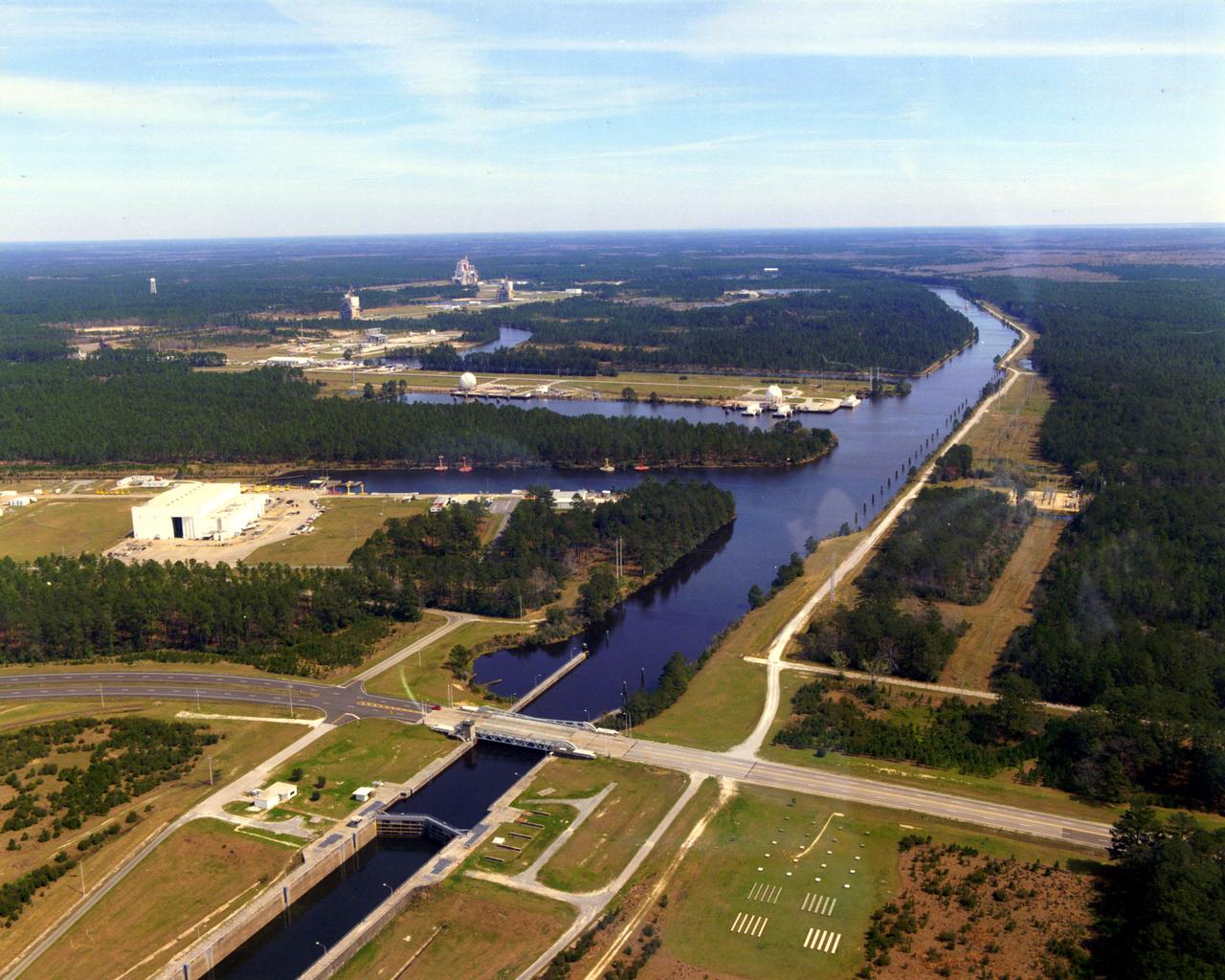 This aerial view of Stennis Space Center's unique lock and canal system