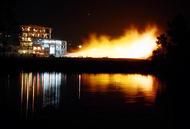 Gaseous hydrogen is burned off at the E1 Test Stand the night of Oct. 7 during a cold-flow test of the fuel turbopump of the Integrated Powerhead Demonstrator (IPD) at NASA Stennis Space Center (SSC). The gaseous hydrogen spins the pump's turbine during the test, which was conducted to verify the pump's performance. Engineers plan one more test before sending the pump to The Boeing Co. for inspection. It will then be returned to SSC for engine system assembly. The IPD is the first reusable hydrogen-fueled advanced engine in development since the Space Shuttle Main Engine.