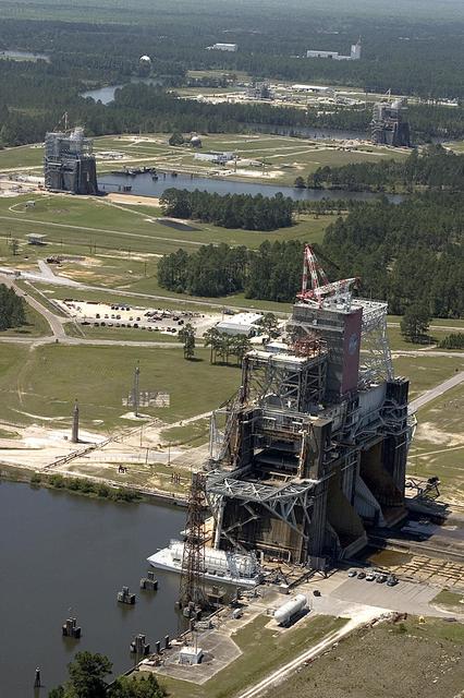 An aerial photo shows the B-1/B-2 Test Stand (foreground), A-2 Test Stand (middle) and A-1 Test Stand (back). The historic stands have been used to test engines used on every manned Apollo and space shuttle mission.