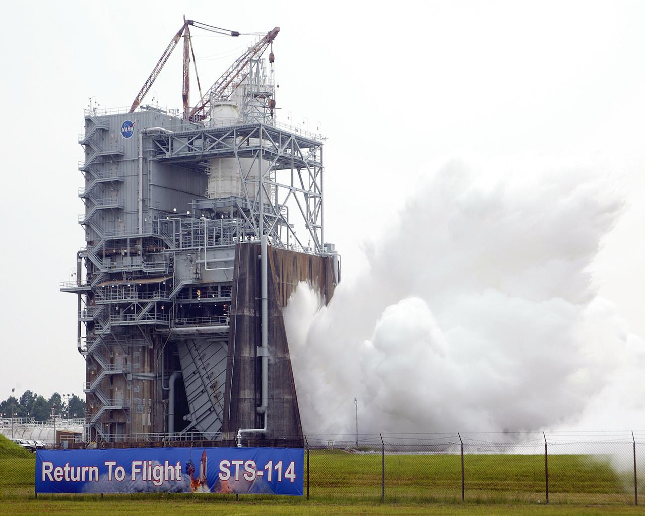 The Space Shuttle Main Engine (SSME) reached a historic milestone July 16, 2004, when a successful flight acceptance test was conducted at NASA Stennis Space Center (SSC). The engine tested today is the first complete engine to be tested and shipped in its entirety to Kennedy Space Center for installation on Space Shuttle Discovery for STS-114, NASA's Return to Flight mission. The engine test, which began about 3:59 p.m. CDT, ran for 520 seconds (8 minutes), the length of time it takes for the Space Shuttle to reach orbit.
