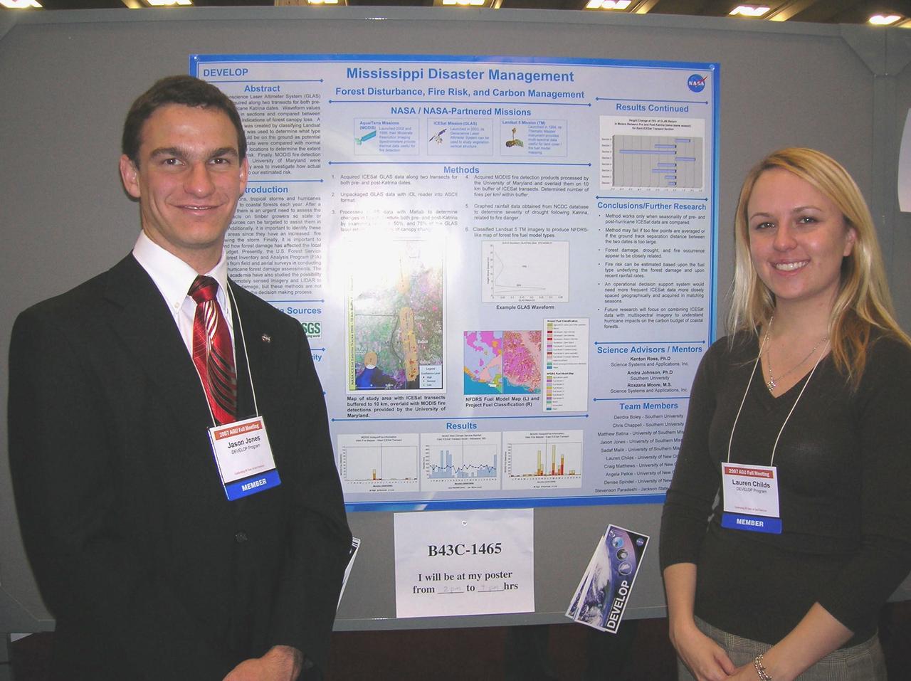 Jason Jones, left, and Lauren Childs are pictured with their presentation during the poster session at the American Geophysical Union Fall Meeting in San Francisco, Calif., Dec. 10-14, 2007.