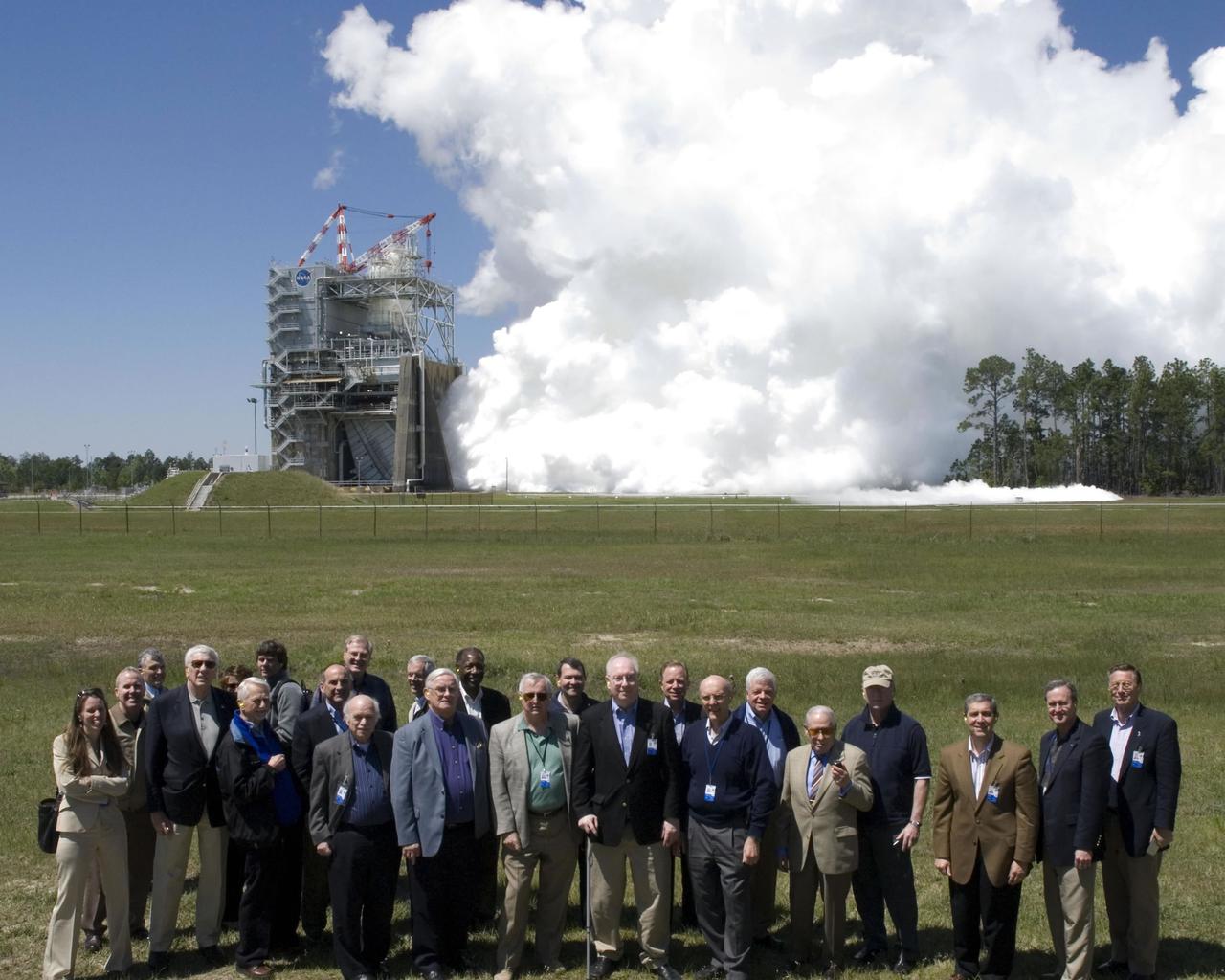 NASA Advisory Council members visited Stennis Space Center April 15 and 16, touring facilities and participating in various presentations. They also viewed a space shuttle main engine test on the A-2 Test Stand. The council of accomplished citizens advises NASA on major policy and program issues. The council includes former Apollo 17 astronaut Harrison Hagan Schmitt as chair, as well as former astronaut Eileen Collins, the first woman to command a space shuttle mission.