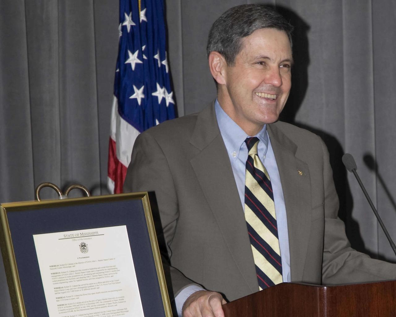 Bob Cabana speaks to guests at a recent Stennis Space Center reception in honor of his induction into the Astronaut Hall of Fame.