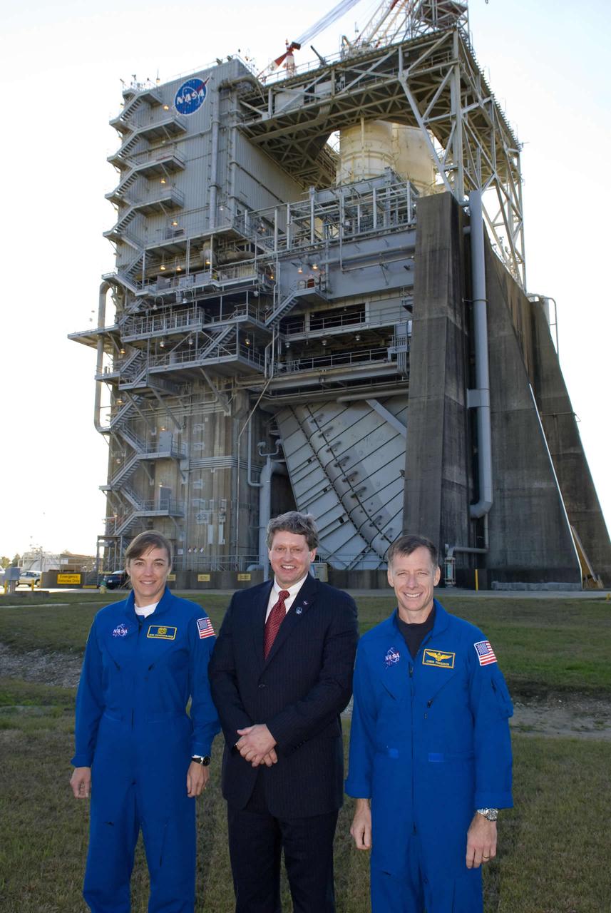 Stennis Space Center Director Gene Goldman (center) stands with astronauts Christopher Ferguson (right) and Heidemarie Stefanyshyn-Piper in front of the A-2 Test Stand during the space shuttle crew members' visit to NASA's rocket engine testing facility Jan. 13. During their visit, Ferguson and Stefanyshyn-Piper reported on the STS-126 space shuttle delivery and servicing mission to the International Space Station. Ferguson served as commander of the mission. Stefanyshyn-Piper served as a mission specialist.