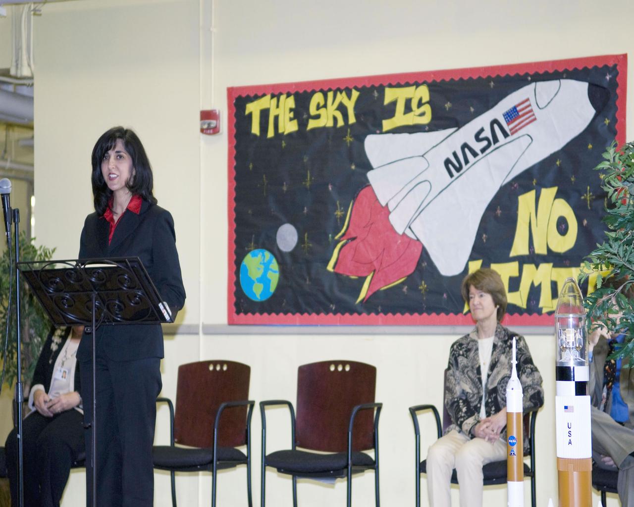 Louisiana First Lady Supriya Jindal (left) speaks to teachers and students at A.P. Tureaud Elementary School in New Orleans during a March 19 visit. At the school, Jindal was joined by retired NASA astronaut Sally Ride, the first American woman in space. Ride was a crew member on space shuttle Challenger during its STS-7 mission in 1983. She also was a crew member of space shuttle discovery on the STS-41 mission in 1984.