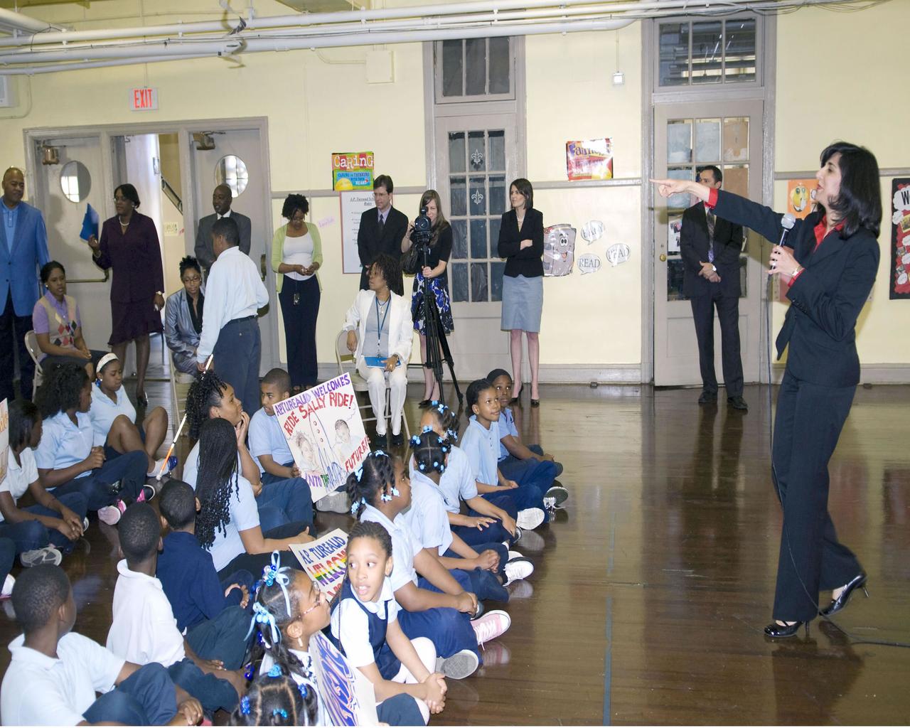 Louisiana First Lady Supriya Jindal fields a question from a student at A.P. Tureaud Elementary School in New Orleans during a March 19 visit. Jindal was joined on her visit by retired astronaut Sally Ride, the first American woman in space.