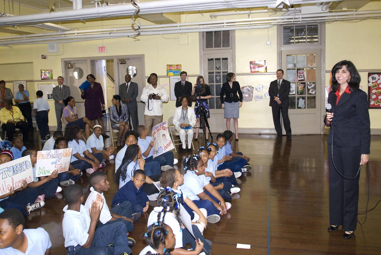 Louisiana first lady Supriya Jindal joins astronaut Sally Ride in speaking to teachers and students at A.P. Tureaud Elementary School in New Orleans.