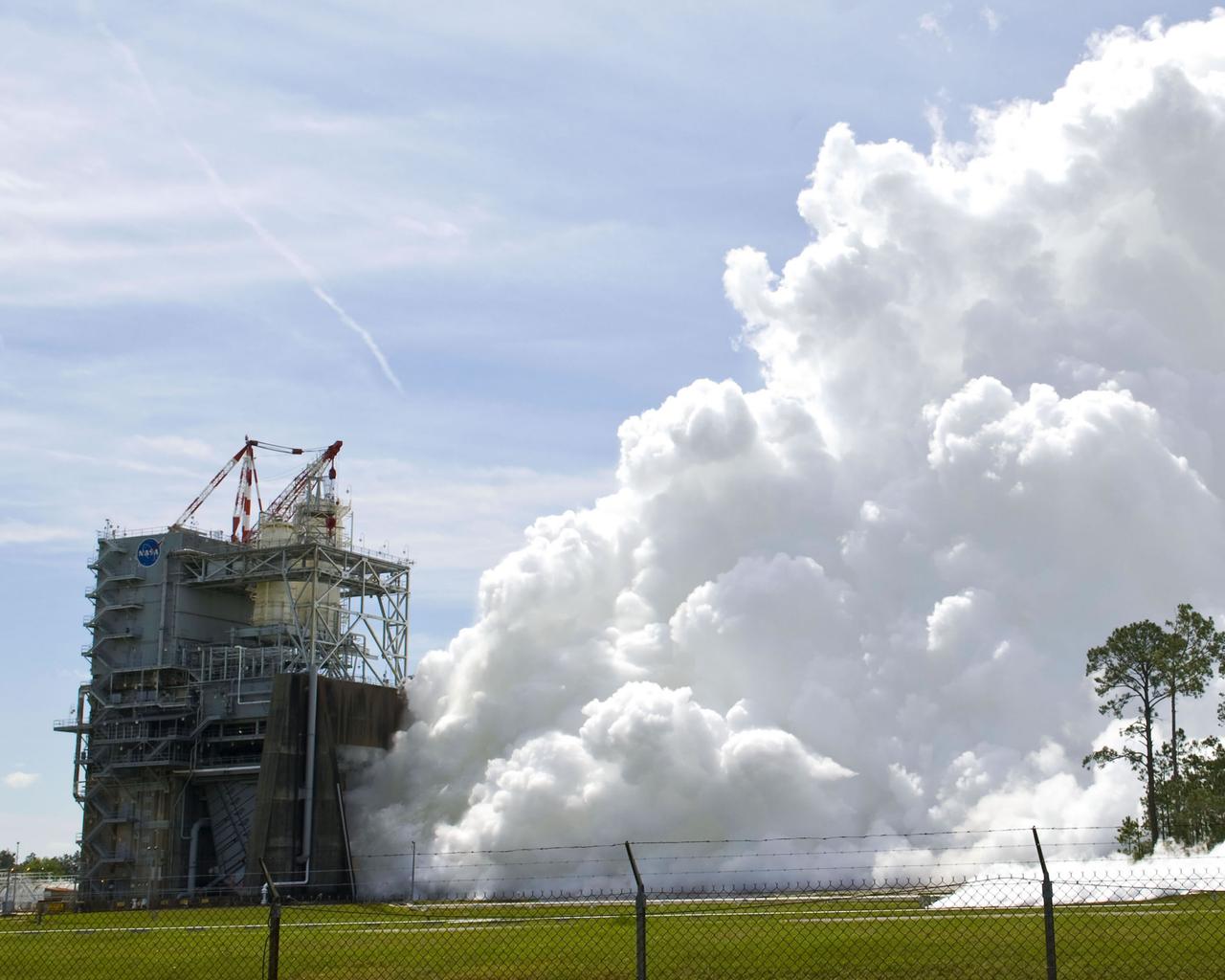 Stennis engineers conduct a test of a space shuttle main engine on March 30, 2009.
