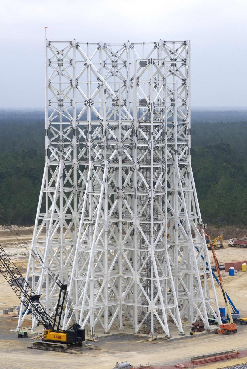 Structural steel work is completed on the 235-foot A-3 Test Stand at NASA's John C. Stennis Space Center. Stennis engineers celebrated this key milestone in construction April 9.