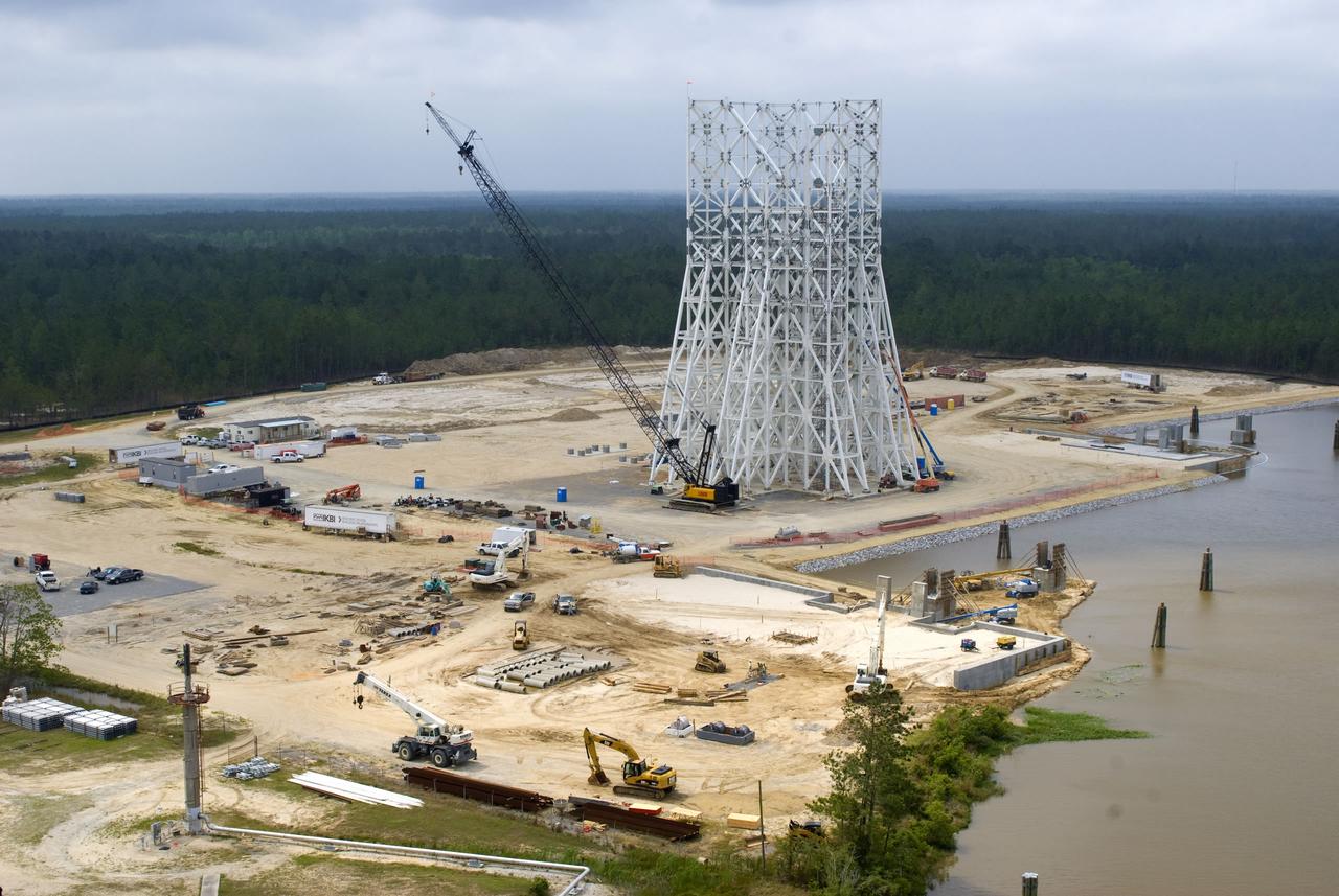 Structural steel work is completed on the 235-foot A-3 Test Stand at NASA's John C. Stennis Space Center. Stennis engineers celebrated this key milestone in construction April 9.