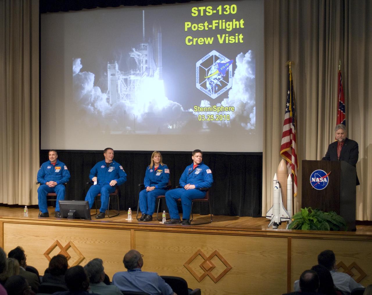 Four members of the STS-130 Endeavour space shuttle crew visited NASA's John C. Stennis Space Center on March 25 to thank facility personnel for their role in enabling the successful February mission to the International Space Station. Commander George Zamka (l to r), Pilot Terry Virts, and Mission Specialists Kathryn and Robert Behnken presented a video recap of their mission and answered questions from Stennis employees about their work. Hire especially thanked Stennis employees for providing the three main engines that powered the crew on their 14-day mission. On their mission, the STS-130 crew delivered a third connecting module - the Tranquility node - that will increase the space station's interior space for crew members and many life support and environmental control systems. Attached to Tranquility was a cupola, a robotic control station with seven windows to provide a panoramic view of Earth, celestial objects and visiting spacecrafts.