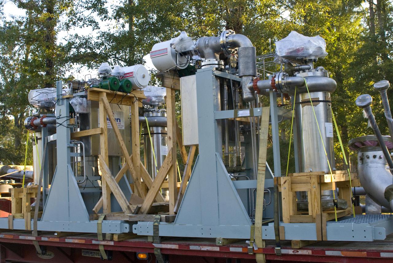 The first of nine chemical steam generator (CSG) units that will be used on the A-3 Test Stand arrived at John. C. Stennis Space Center on Oct. 22, 2010. The unit was installed at the E-2 Test Stand for verification and validation testing before it is moved to the A-3 stand. Steam generated by the nine CSG units that will be installed on the A-3 stand will create a vacuum that allows Stennis operators to test next-generation rocket engines at simulated altitudes up to 100,000 feet.