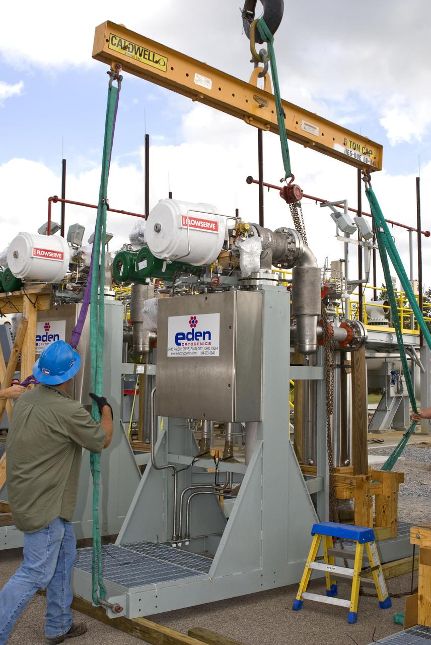 The first of nine chemical steam generator (CSG) units that will be used on the A-3 Test Stand is prepared for installation Oct. 24, 2010, at John C. Stennis Space Center. The unit was installed at the E-2 Test Stand for verification and validation testing before it is moved to the A-3 stand. Steam generated by the nine CSG units that will be installed on the A-3 stand will create a vacuum that allows Stennis operators to test next-generation rocket engines at simulated altitudes up to 100,000 feet.