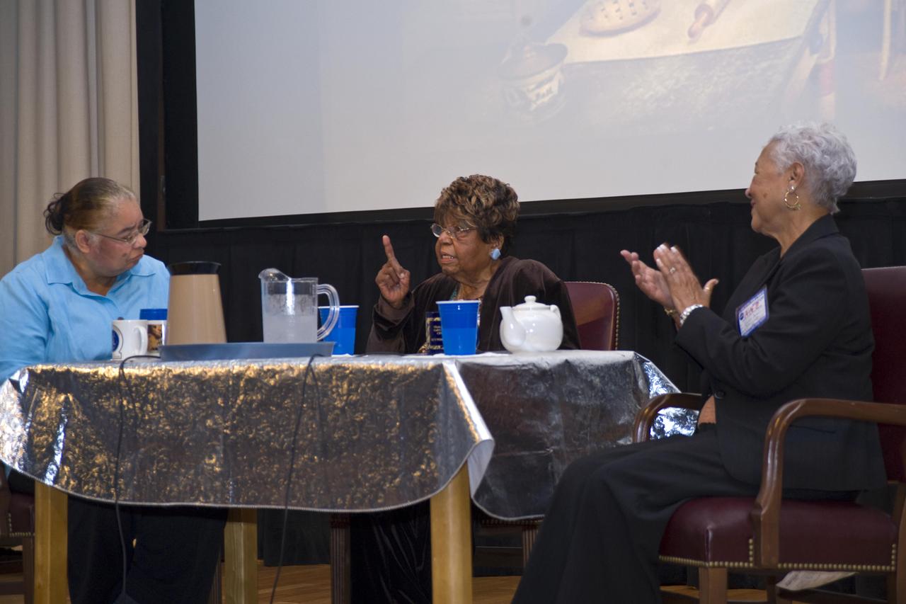Victoria Webb (center) discusses African-American history during a Black History Month program for John C. Stennis Space Center employees on Feb. 16. Webb, a 103-year-old native of Pass Christian, was guest speaker for the program, sponsored by the Stennis Diversity Council and the Naval Meteorology and Oceanography Command. She was joined in her presentation by Valli Battle (left), a NAVOCEANO employee at Stennis, and friend Jeanell Barnes. Black History Month was first observed in 1976 and is celebrated each February. The 2011 theme was African-Americans and the Civil War.