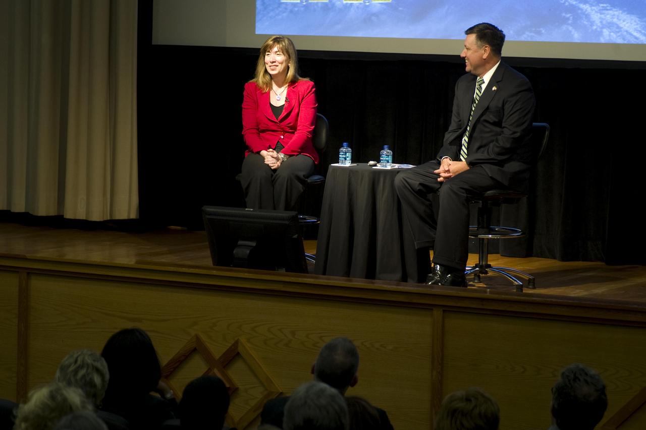 NASA Deputy Administrator Lori Garver (left) and John C. Stennis Space Center Director Patrick Scheuermann discuss the proposed fiscal year 2012 federal budget during an all hands session on March 10. During the gathering with NASA employees, Garver emphasized the space agency's commitment to maintain a solid focus on human spaceflight and exploration priorities. Garver and Scheuermann also shared budget highlights for Stennis from the fiscal year proposal, emphasizing that the primary focus for the facility will remain rocket engine testing for the future of the American space program.
