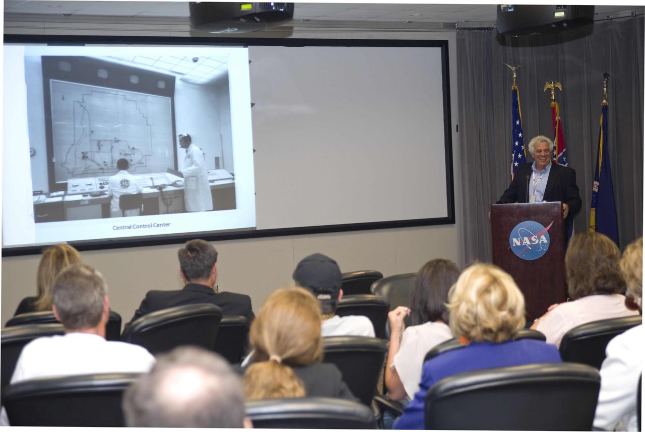 John C. Stennis Space Center historian Marco Giardino speaks to center employees during the first An Hour in History session March 22. The Stennis History Office launched the series as part of the rocket engine test facility's yearlong 50th anniversary celebration. The inaugural session focused on Stennis history during the early 1960s. Subsequent sessions will focus on other aspects of Stennis history as part of the '50 Years of Powering Dreams' anniversary theme.