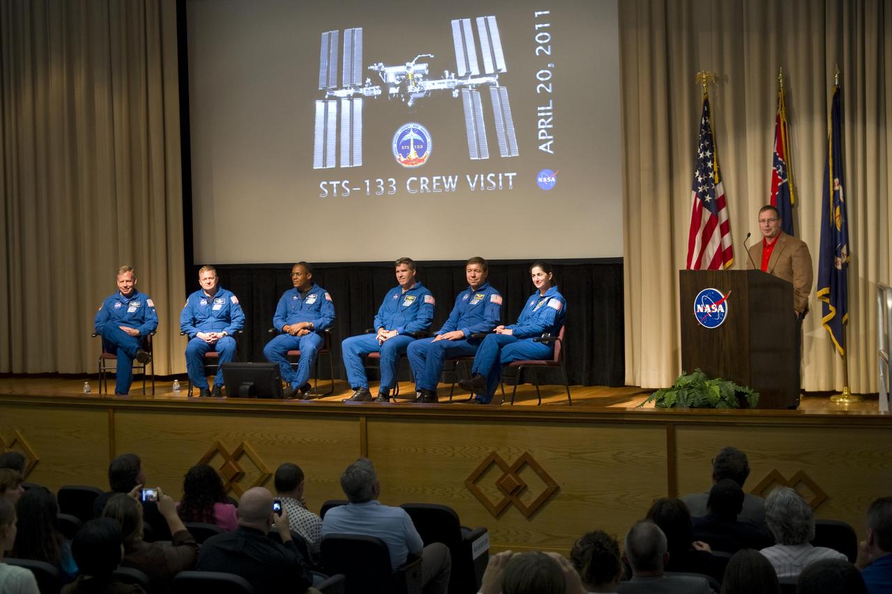 Stennis Space Center Deputy Director Rick Gilbrech (far right) welcomes members of the STS-133 shuttle mission crew during an April 20 visit. The mission was the final flight for the space shuttle Discovery, which now becomes the first of the three-orbiter fleet to be retired. During the visit to Stennis, Mission Commander Steven Lindsey ( l to r), Pilot Eric Boe and mission specialists Alvin Drew, Steven Bowen, Michael Barratt and Nicole Stott recapped their historic flight and thanked site employees for providing main engines that performed 'as advertised.'