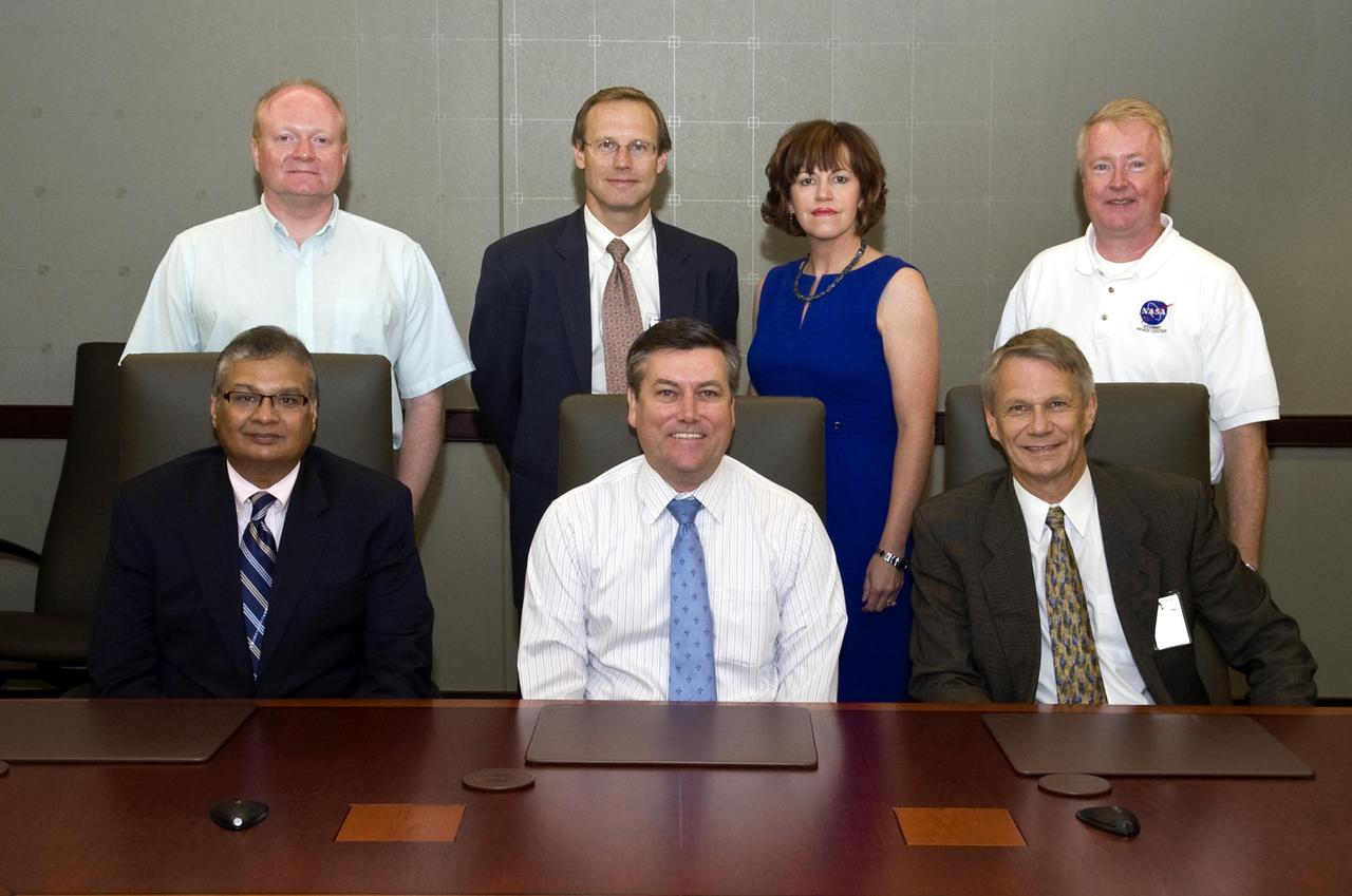 A trio of representatives from Goddard Space Flight Center in Greenbelt, Md., visited Stennis Space Center on July 21-22 to explore opportunities for collaboration. Visitors and hosts included: (seated, l to r) Shahid Habib, chief of the Goddard Office of Applied Sciences; Stennis Director Patrick Scheuermann; Piers Sellers, deputy director of the Goddard Sciences and Exploration Directorate; (standing, l to r) Duane Armstrong, chief of the Stennis Applied Science & Technology Project Office; Fritz Policelli, representative of the Goddard Office of Applied Sciences; Anne Peek, assistant director of the Stennis Project Directorate; and Keith Brock, director of the Stennis Project Directorate.