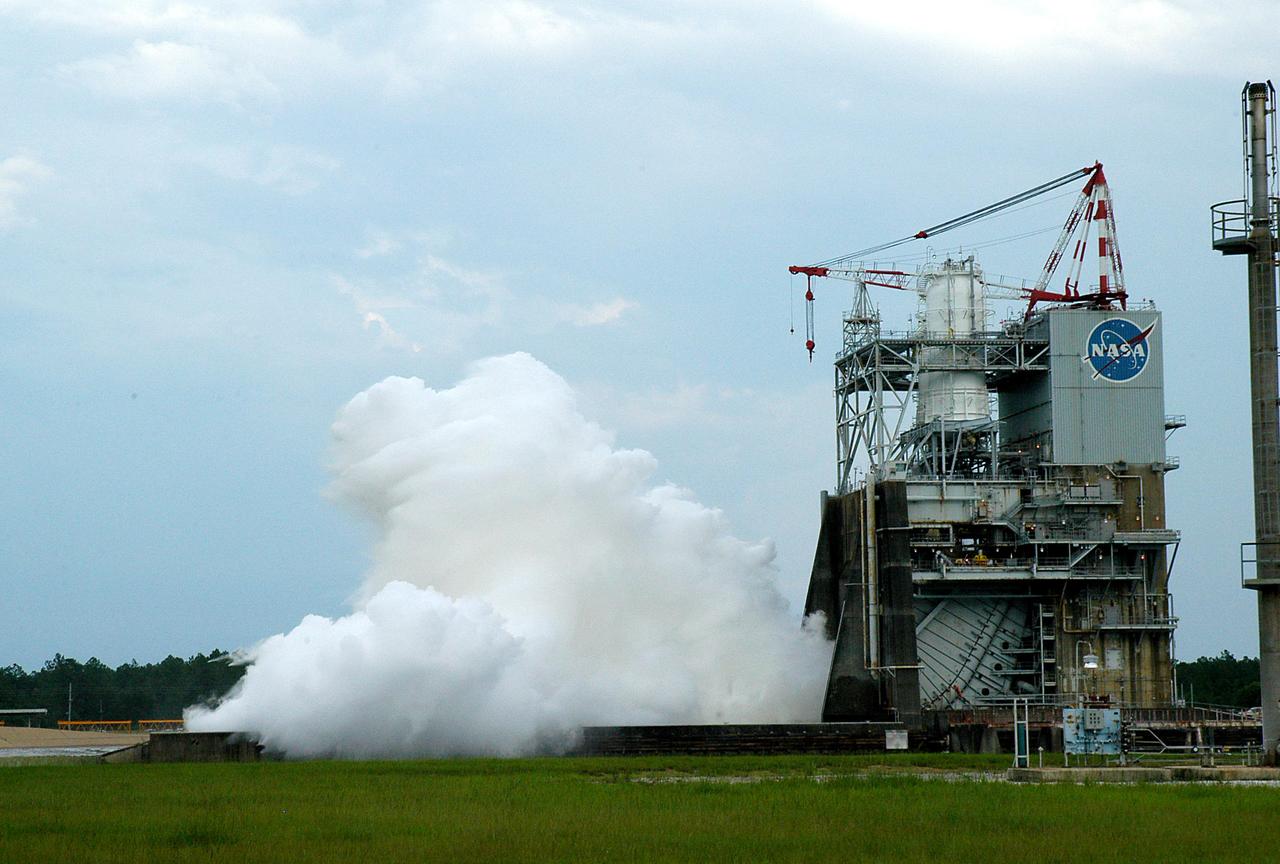 A plume of steam signals a successful engine start of the J-2X rocket engine on the A-3 Test Stand at Stennis Space Center on July 26. The 3.7-second test was the second on the next-generation engine, which is being developed for NASA by Pratt & Whitney Rocketdyne.