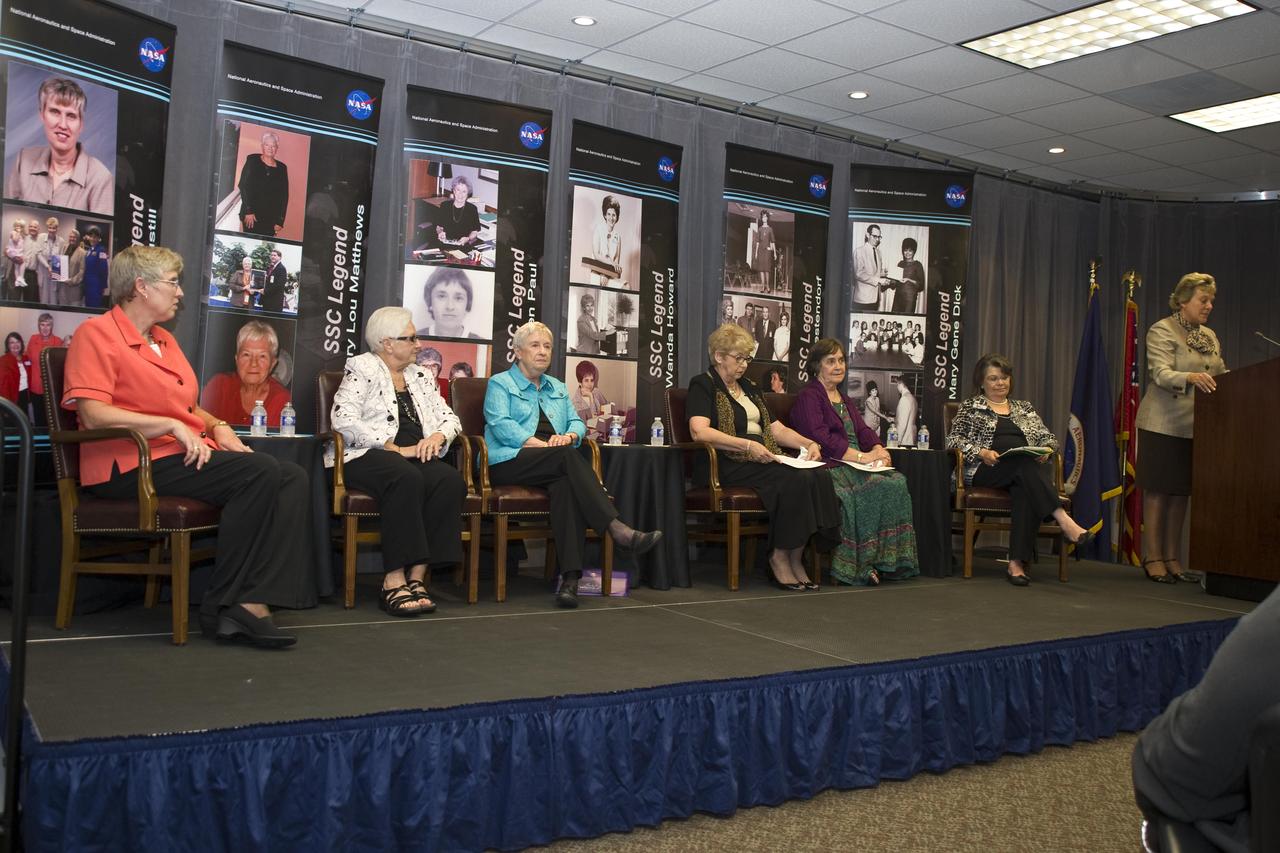Marina Benigno (far right) at Stennis Space Center, welcomes former administrative assistants and secretaries to the third Legends Lecture Series session. Lecture participants spoke about their work experiences with Stennis directors and deputy directors. Panel participants included Janet Austill (l to r), Mary Lou Matthews, Helen Paul, Wanda Howard, Ann Westendorf and Mary Gene Dick. Austill, Howard and Westendorf all worked with center directors during their Stennis careers. Dick, Matthews and Paul served with deputy directors at Stennis. The Legends Lecture Series is part of a yearlong celebration of the 50th anniversary of Stennis Space Center.