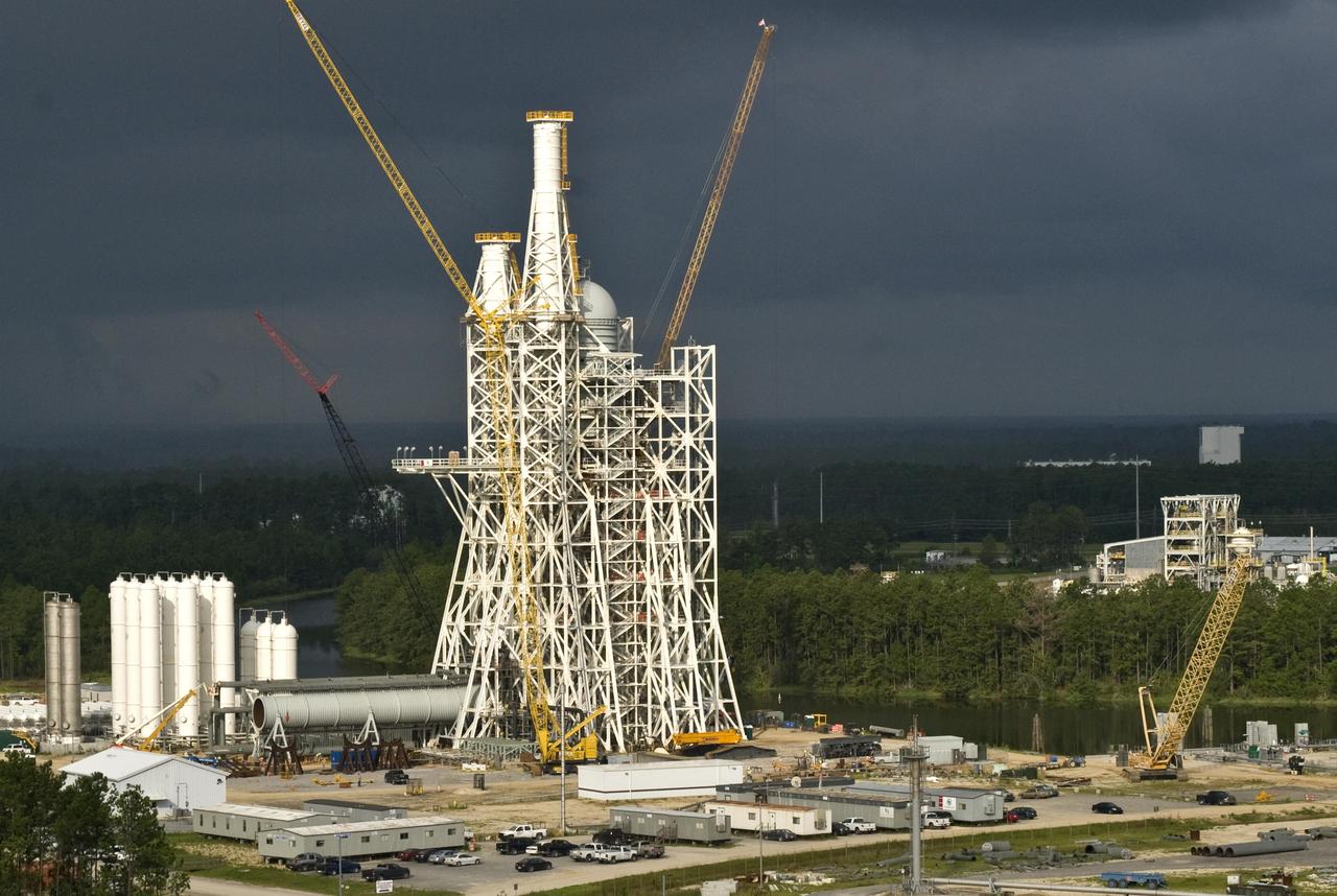 Stennis Space Center employees have installed liquid oxygen and liquid hydrogen tanks atop the A-3 Test Stand, raising the structure to its full 300-foot height. The stand is being built to test next-generation rocket engines that could carry humans beyond low-Earth orbit into deep space. The A-3 Test Stand is scheduled for completion and activation in 2013.