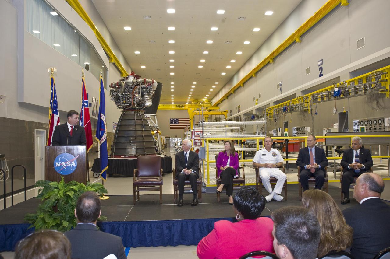 Stennis Space Center Director Patrick Scheuermann (l) addresses visitors gathered for the official transfer of the former Mississippi Army Ammunition Plant facilities to NASA. The action transferred 1.6 million square feet of facility space, increasing Stennis work facilities by about one-third and setting the stage for years of expansion.
