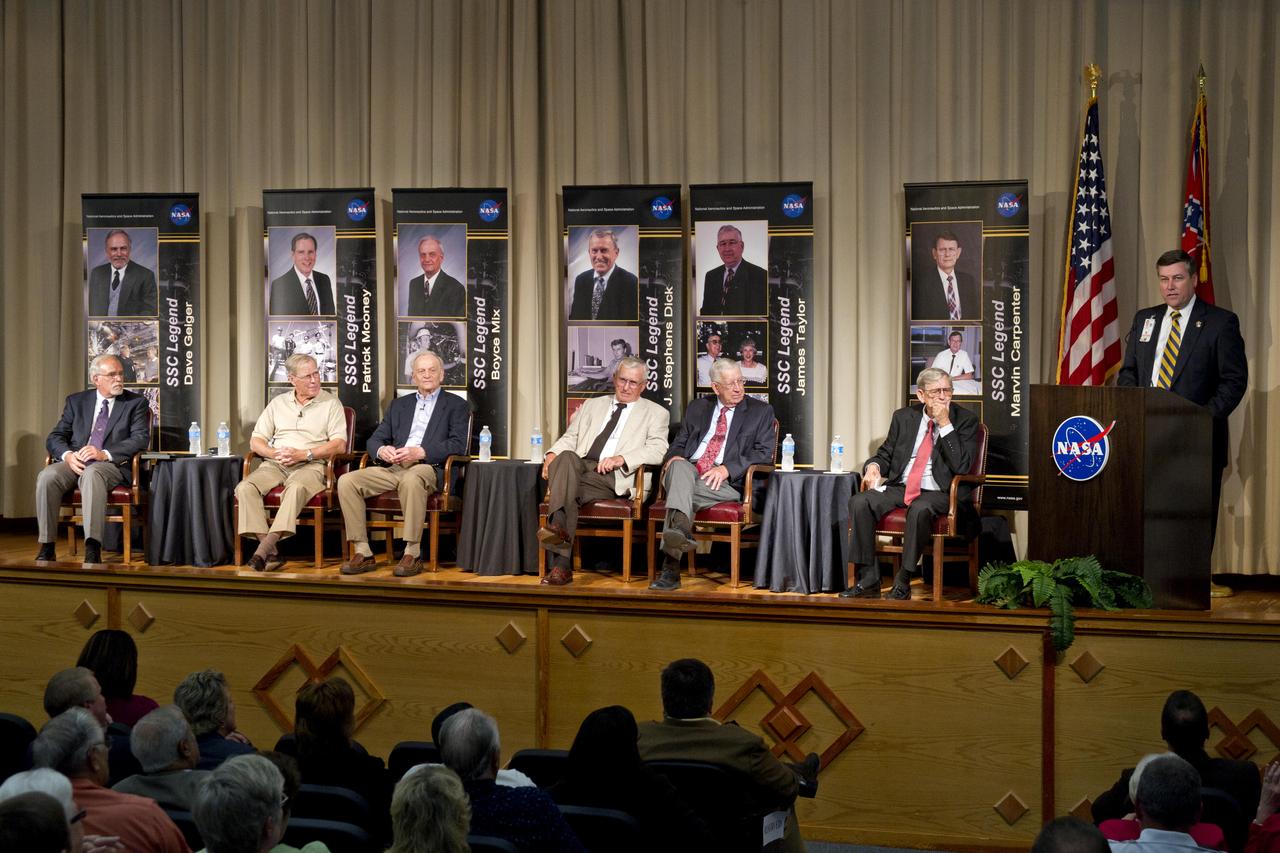 Stennis Space Center Director Patrick Scheuermann (right) welcomes former leaders to the fourth Legends Lecture Series presentation Oct. 13. Stennis launched the series in November 2010 as part of a yearlong 50th anniversary celebration. The recent session focused on past rocket engine test work. Visiting Stennis legends were: (l to r) Dave Geiger, Patrick Mooney, Boyce Mix, J. Stephens Dick, James Taylor and Marvin Carpenter.