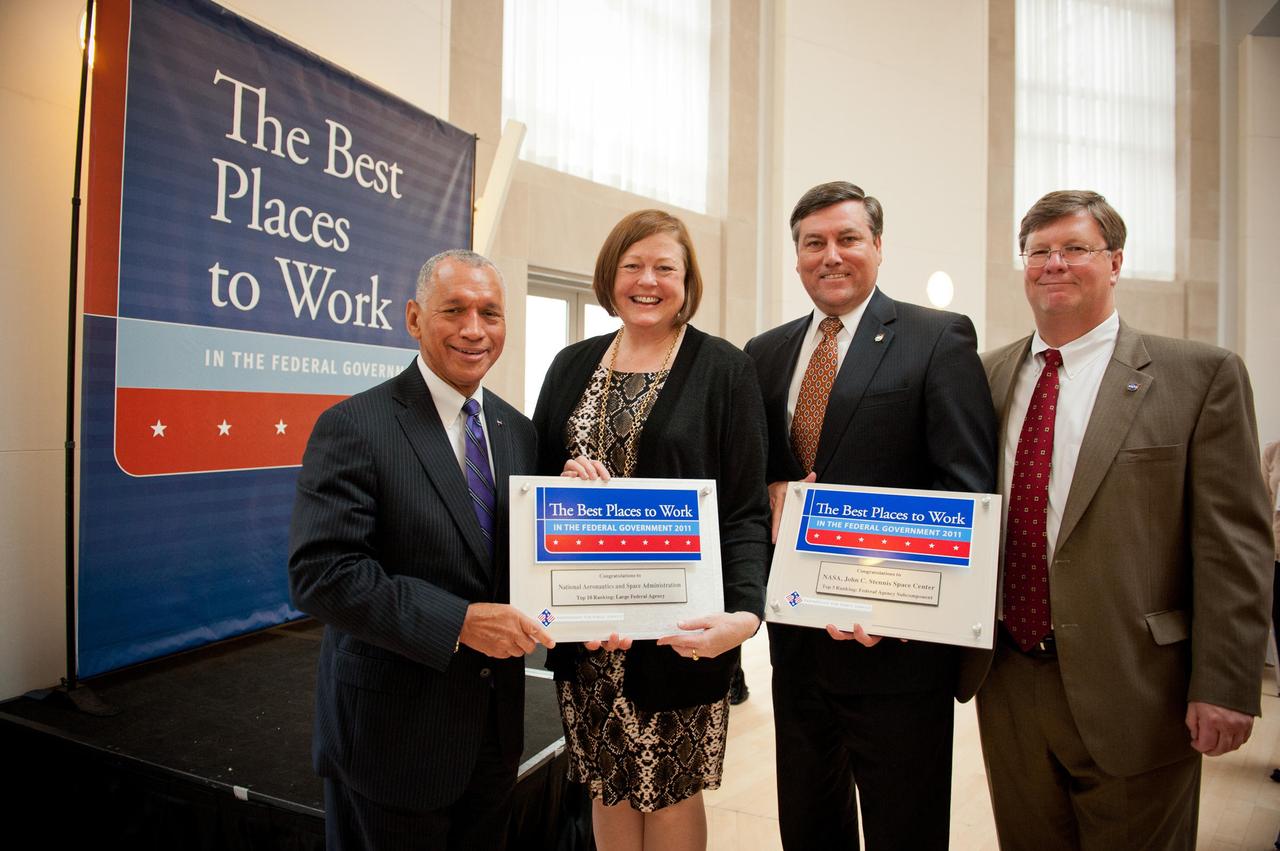 NASA Administrator Charles Bolden (l to r), NASA Chief Human Capital Officer Jeri Buchholz, Stennis Space Center Director Patrick Scheuermann and NASA's Goddard Space Flight Center Director Rob Strain display certificates designating NASA and Stennis as best places to work in the government. NASA ranks No. 5 on a list of best places to work in the federal government. Stennis sits at the top of the list of NASA centers as the best place to work.
