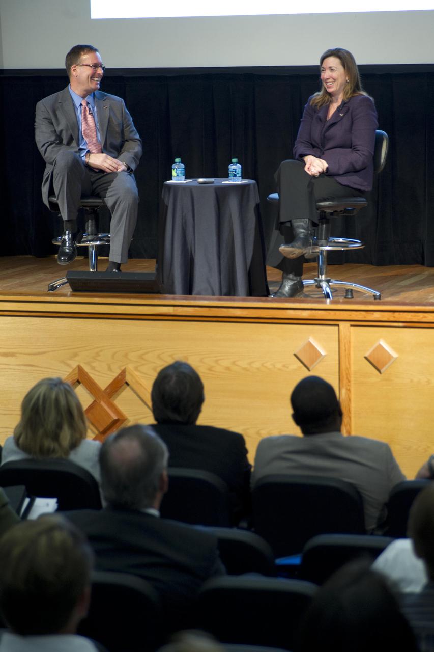 NASA Deputy Administrator Lori Garver (right) and Stennis Space Center Deputy Director Rick Gilbrech address NASA employees during a Feb. 23, 2012, all hands meeting onsite. Garver visited Stennis Space Center to meet with senior managers, members of the media and NASA employees to discuss the space agency's proposed budget for fiscal year 2013.