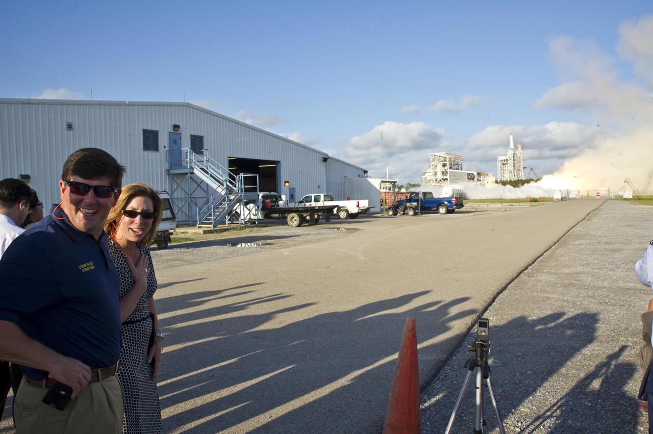 NASA Deputy Administrator Lori Garver and U.S. Rep. Steven Palazzo, R-Miss., view a May 3, 2012, test of the Aerojet AJ26 rocket engine on the E-1 Test Stand at Stennis Space Center. The AJ26 engine is being tested for Orbital Sciences Corporation to power commercial cargo flights to the International Space Station.