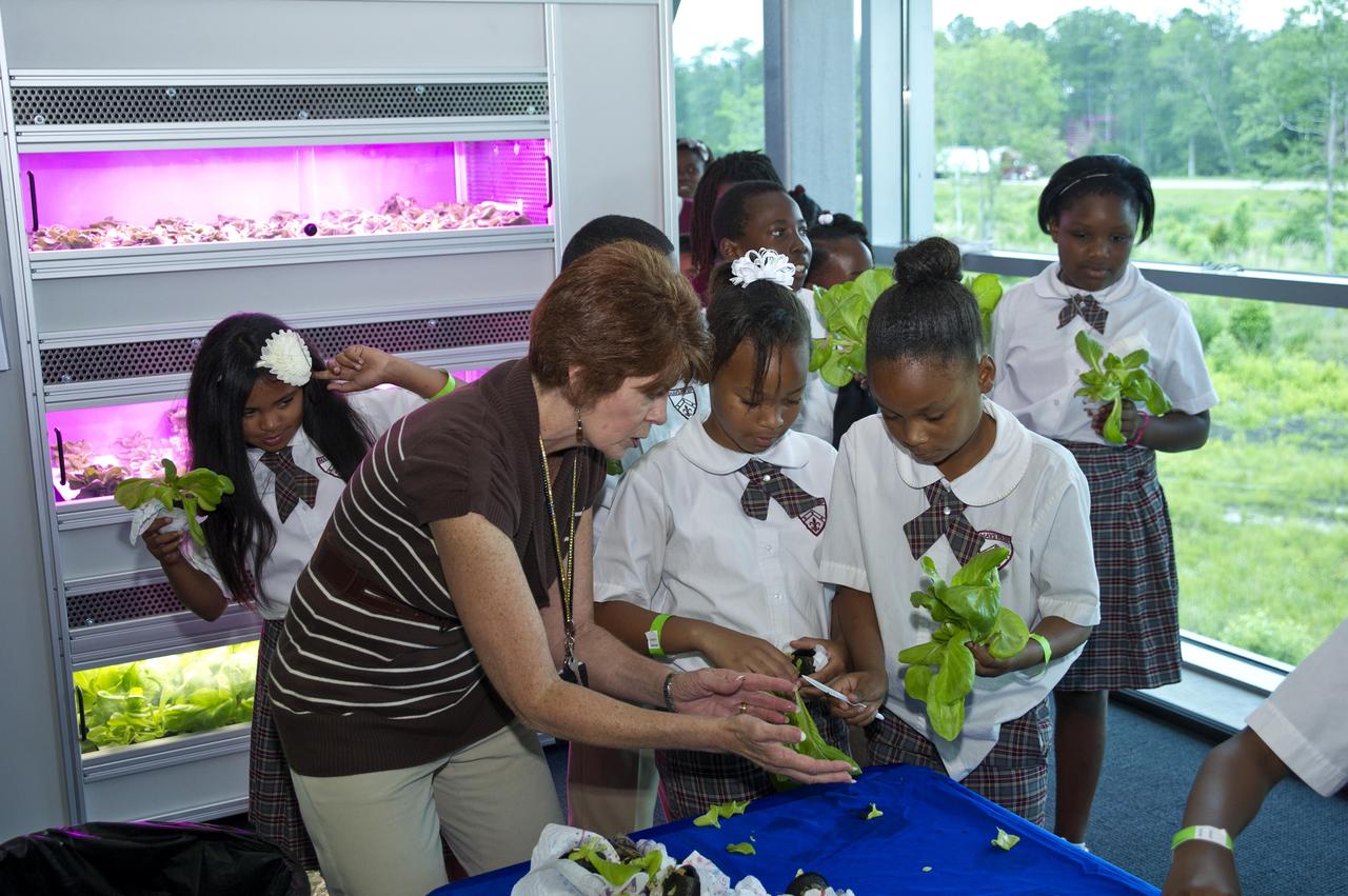 Janice Hueschen of Innovative Imaging & Research Corp. at Stennis Space Center helps students from Benjamin E. Mays Preparatory School in New Orleans harvest lettuce at the INFINITY at NASA Stennis Space Center facility May 7, 2012. The Louisiana students assisted in the first harvest of lettuce from the Controlled Environment Agriculture unit, which uses an aeroponic process that involves no soil and advance LED lighting techniques.