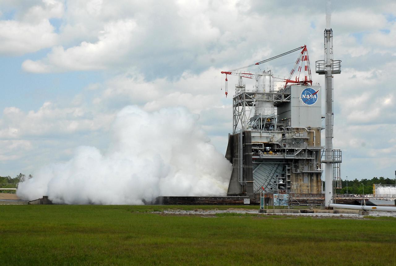 NASA engineers at Stennis Space Center conducted a 260-second test of the next-generation J-2X rocket engine June 13, 2012. As in a previous test, NASA engineers fired the engine at both secondary and primary modes to collect performance data.