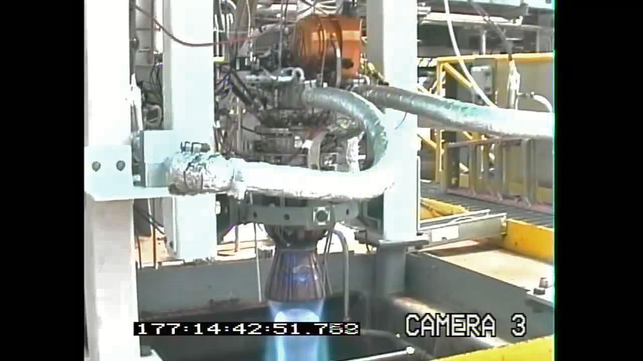 A frame grab from a mounted video camera on the E-3 Test Stand at Stennis Space Center documents testing of the new Project Morpheus engine. The new liquid methane, liquid oxygen engine will power the Morpheus prototype lander, which could one day evolve to carry cargo safely to the moon, asteroids or Mars surfaces.