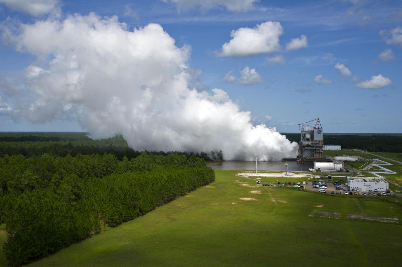 NASA's test of the J-2X rocket engine on the A-2 Test Stand at Stennis Space Center on July 13 was picture perfect in more ways than one. Not only did the test provide a breathtaking view from atop the nearby A-1 Test Stand, and with the center's B-1/B-2 Test Stand in the background, but it achieved its target of 550 seconds. The test continued a series of firings to gather critical data for engine development.