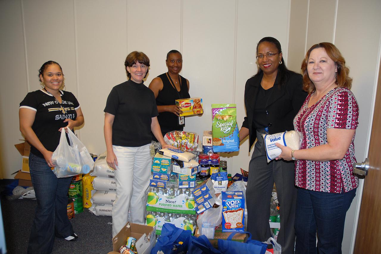 Stennis Space Center employees concluded their 2012 Feds Feed Families effort at the end of August with collection of 6,701 pounds of nonperishable food items. NASA Office of Human Capital Manager Dorsie Jones (second from right) joined office employees (l to r) Apolonia Acker, Cecile Saltzman, Cabrina Bell and Jeanie Frederick during pickup of the final food items. Stennis food items are contributed to the Hancock County Food Pantry in Bay St. Louis and the Mt. Olive Soup Kitchen in Slidell, La.