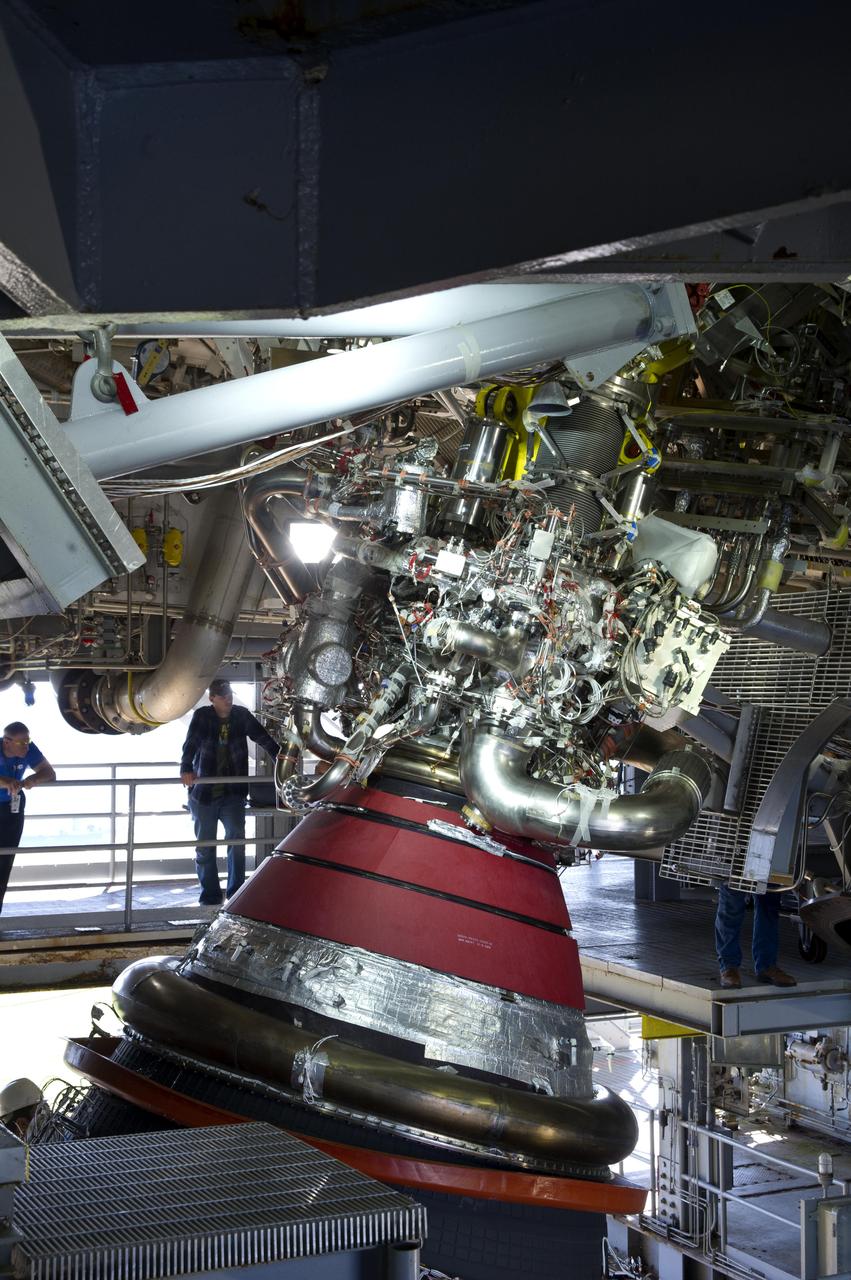 NASA removed J-2X engine No. 10001 from the A-2 Test Stand at Stennis Space Center in early October. Opening of the test stand clamshell flooring allowed a clear view of the next-generation engine and stub nozzle, which is being built to help power future deep-space missions. The engine is an upgrade from the heritage J-2 rocket engine, which helped power Apollo missions to the moon during the late 1960s and early 1970s.