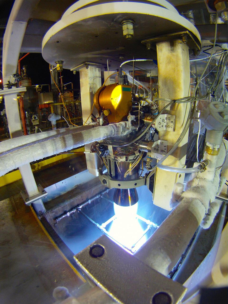 A test of NASA's liquid oxygen, liquid methane Project Morpheus engine is conducted Nov. 8 on the E-3 Test Stand at John C. Stennis Space Center. The test was one of 27 conducted in Stennis' E Test Complex the week of Nov. 5. Twenty-seven tests were conducted in a three-day period during the week, on three different rocket engines/components and on three E Complex test stands.