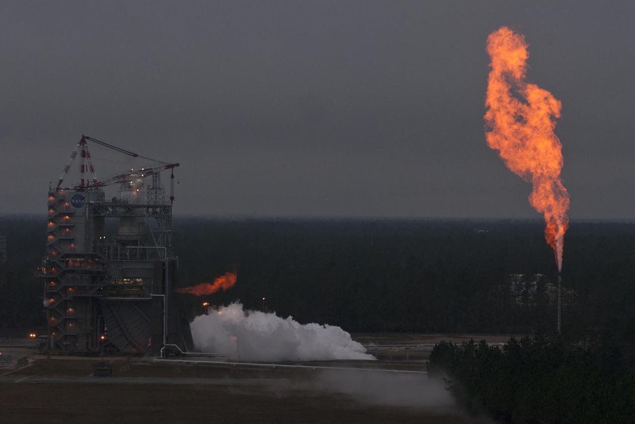 A J-2X powerpack assembly burns brightly during a hot-fire test Nov. 27 at John C. Stennis Space Center. The test, which ran for 278 seconds, was conducted on the A-1 Test Stand.