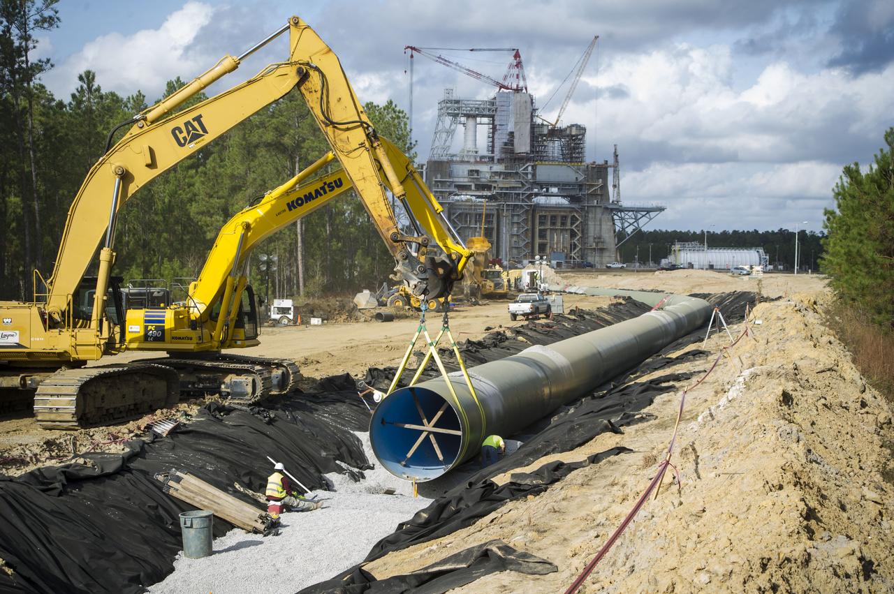 Water piping is installed near the Thad Cochran Test Stand (B-1/B-2) at NASA’s Stennis Space Center in December 2014. The project to replace and upgrade the center’s high pressure industrial water system was a key milestone in preparations to test the SLS (Space Launch System) core stage ahead of the successful Artemis I launch.