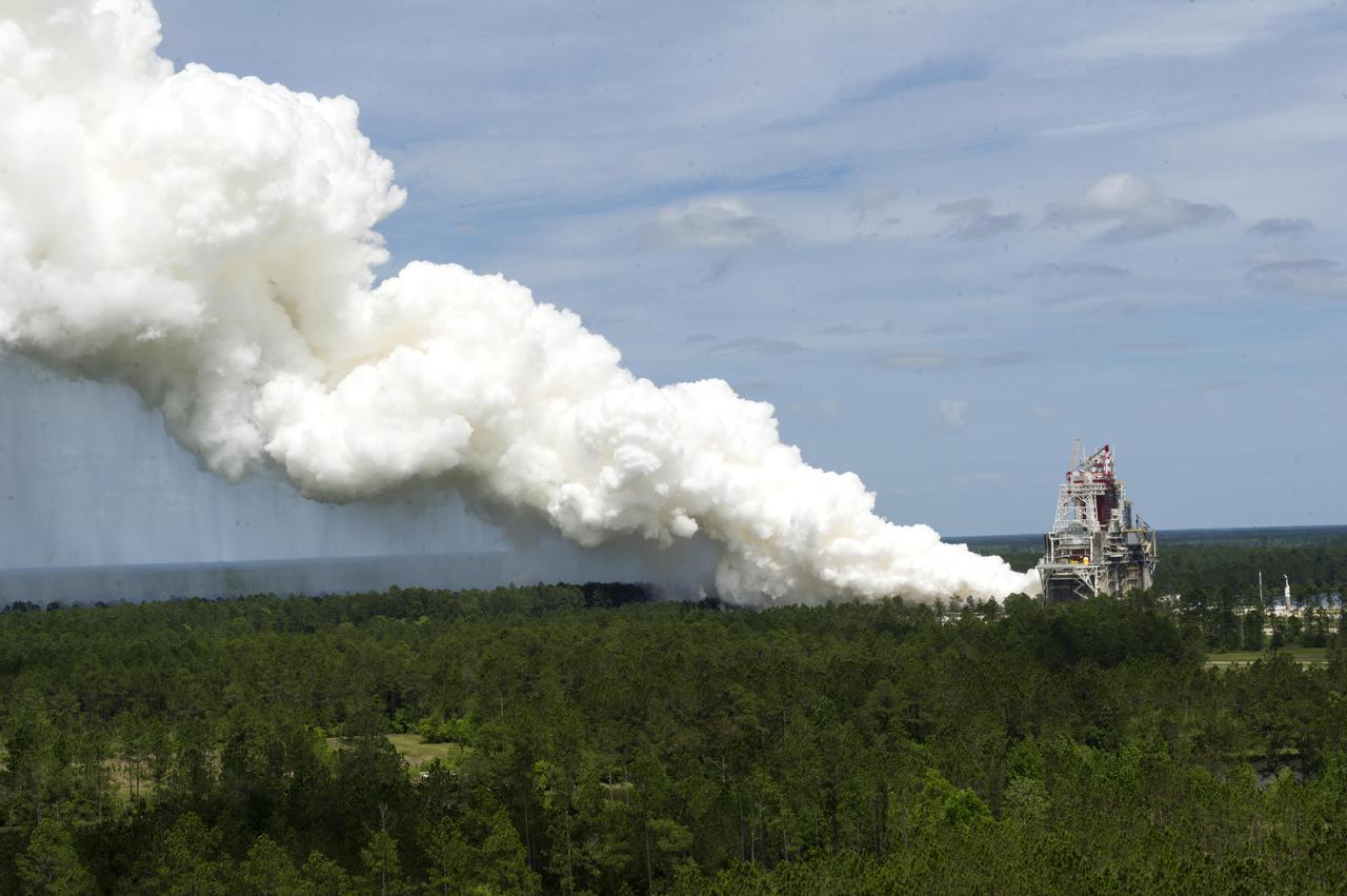 What better way to mark 50 years of rocket engine testing than with a rocket engine test? Stennis Space Center employees enjoyed a chance to view an RS-68 engine test at the B-1 Test Stand on April 19, almost 50 years to the day that the first test was conducted at the south Mississippi site in 1966. The test viewing was part of a weeklong celebration of the 50th year of rocket engine testing at Stennis. The first test at the site occurred April 23, 1966, with a 15-second firing of a Saturn V second stage prototype (S-II-C) on the A-2 Test Stand. The center subsequently tested Apollo rocket stages that carried humans to the moon and every main engine used to power 135 space shuttle missions. It currently tests engines for NASA’s new Space Launch System vehicle.