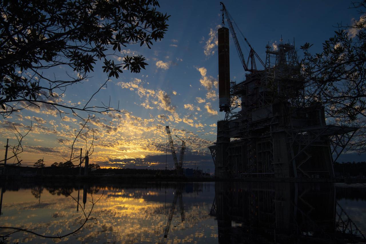 The first flight core stage of NASA’s Space Launch System rocket is removed from the B-2 Test Stand on April 19, 2021, following completion of a series of eight Green Run tests conducted at Stennis Space Center.