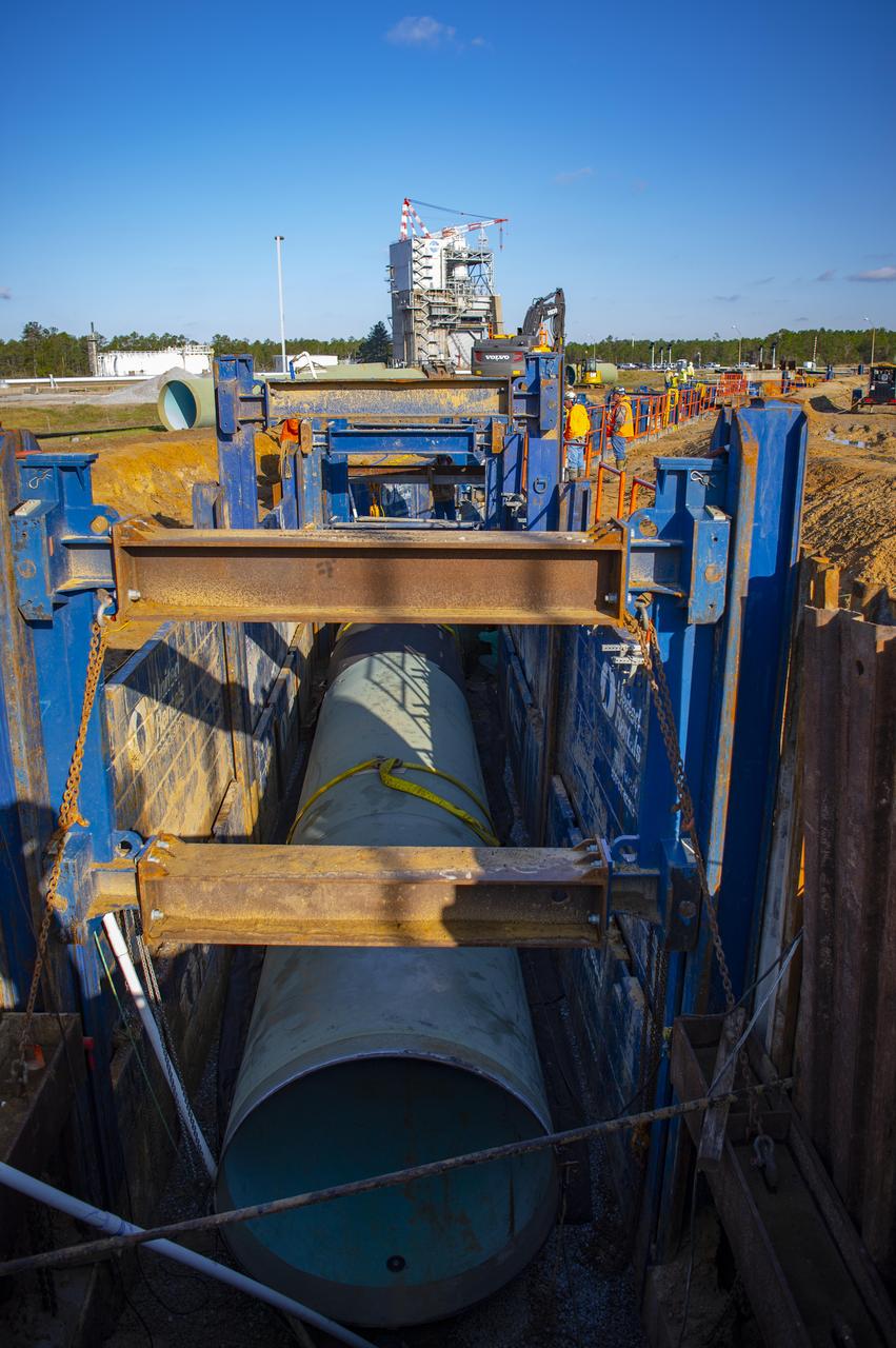 In this March 2022 photo, crews use a shoring system to hold back soil as they install new 75-inch piping leading from the NASA Stennis High Pressure Industrial Water Facility to the valve vault pit serving the Fred Haise Test Stand.