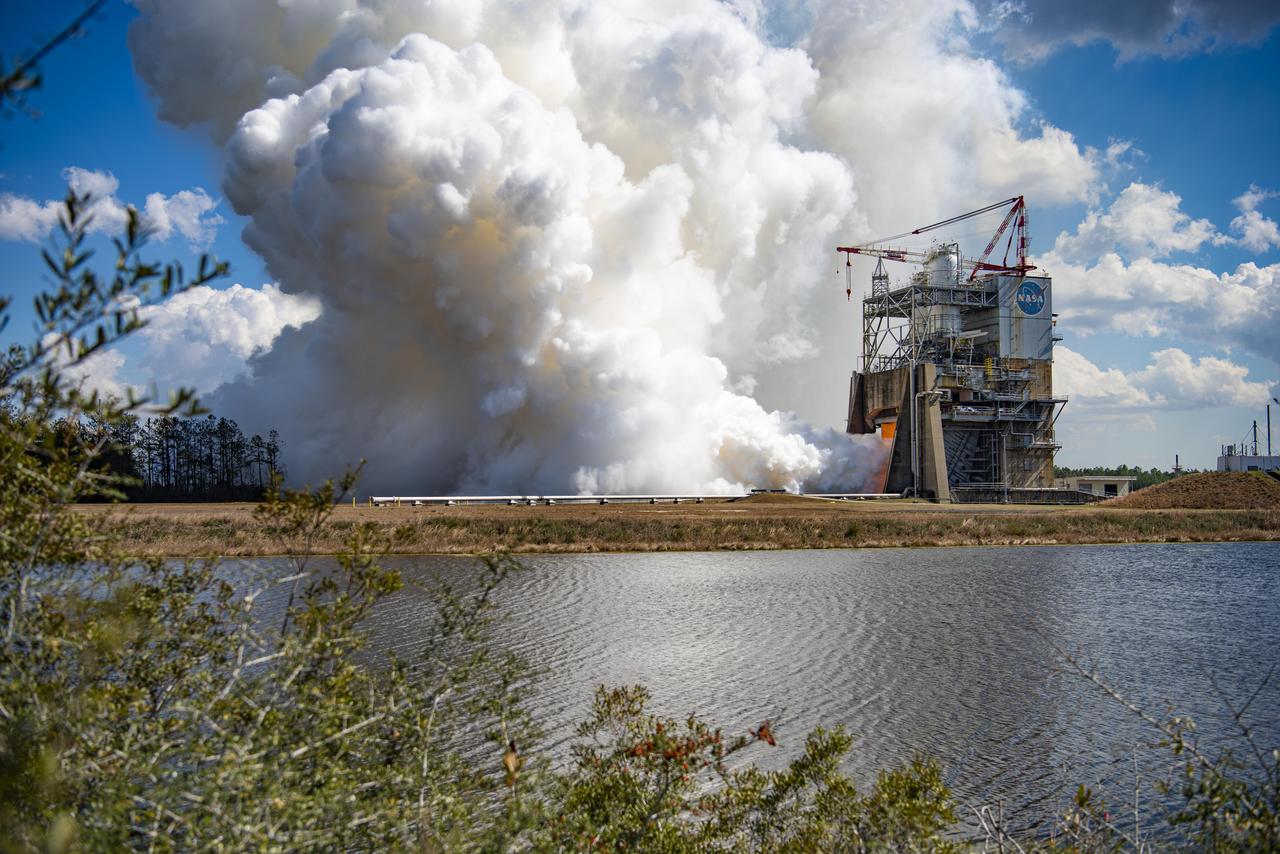NASA conducts a full-duration RS-25 hot fire Feb. 23 on the Fred Haise Test Stand at NASA’s Stennis Space Center near Bay St. Louis, Mississippi, continuing a key test series for future Artemis flights of NASA’s SLS (Space Launch System) rocket. During the seventh test of the 12-test series, operators fired the certification engine for 550 seconds and up to a 113% power level. The hot fire followed installation of a second production engine nozzle that will provide additional performance data on the upgraded unit. The test series is the second, and final, series to certify restart production of the upgraded engines by lead contractor Aerojet Rocketdyne, an L3Harris Technologies company. New engines will help power NASA’s SLS rocket on Artemis missions to the Moon and beyond, beginning with Artemis V. NASA and Aerojet Rocketdyne modified 16 former space shuttle engines for use on Artemis missions I through IV. NASA completed an initial 12-test certification series with the upgraded components in June 2023. Four RS-25 engines fire simultaneously to help launch each SLS rocket, producing up to 2 million pounds of combined thrust.