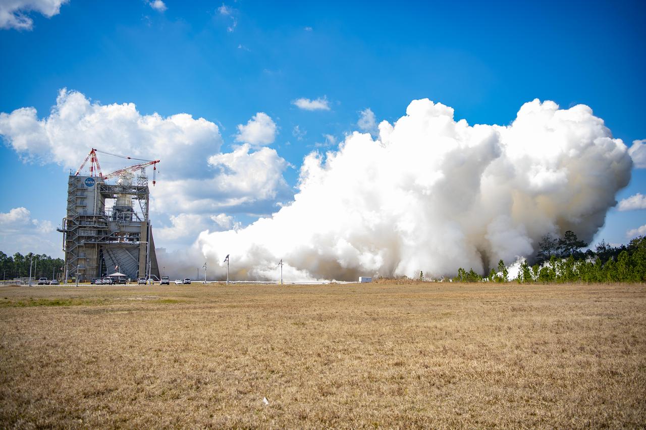 NASA conducts a full-duration RS-25 hot fire Feb. 23 on the Fred Haise Test Stand at NASA’s Stennis Space Center near Bay St. Louis, Mississippi, continuing a key test series for future Artemis flights of NASA’s SLS (Space Launch System) rocket. During the seventh test of the 12-test series, operators fired the certification engine for 550 seconds and up to a 113% power level. The hot fire followed installation of a second production engine nozzle that will provide additional performance data on the upgraded unit. The test series is the second, and final, series to certify restart production of the upgraded engines by lead contractor Aerojet Rocketdyne, an L3Harris Technologies company. New engines will help power NASA’s SLS rocket on Artemis missions to the Moon and beyond, beginning with Artemis V. NASA and Aerojet Rocketdyne modified 16 former space shuttle engines for use on Artemis missions I through IV. NASA completed an initial 12-test certification series with the upgraded components in June 2023. Four RS-25 engines fire simultaneously to help launch each SLS rocket, producing up to 2 million pounds of combined thrust.