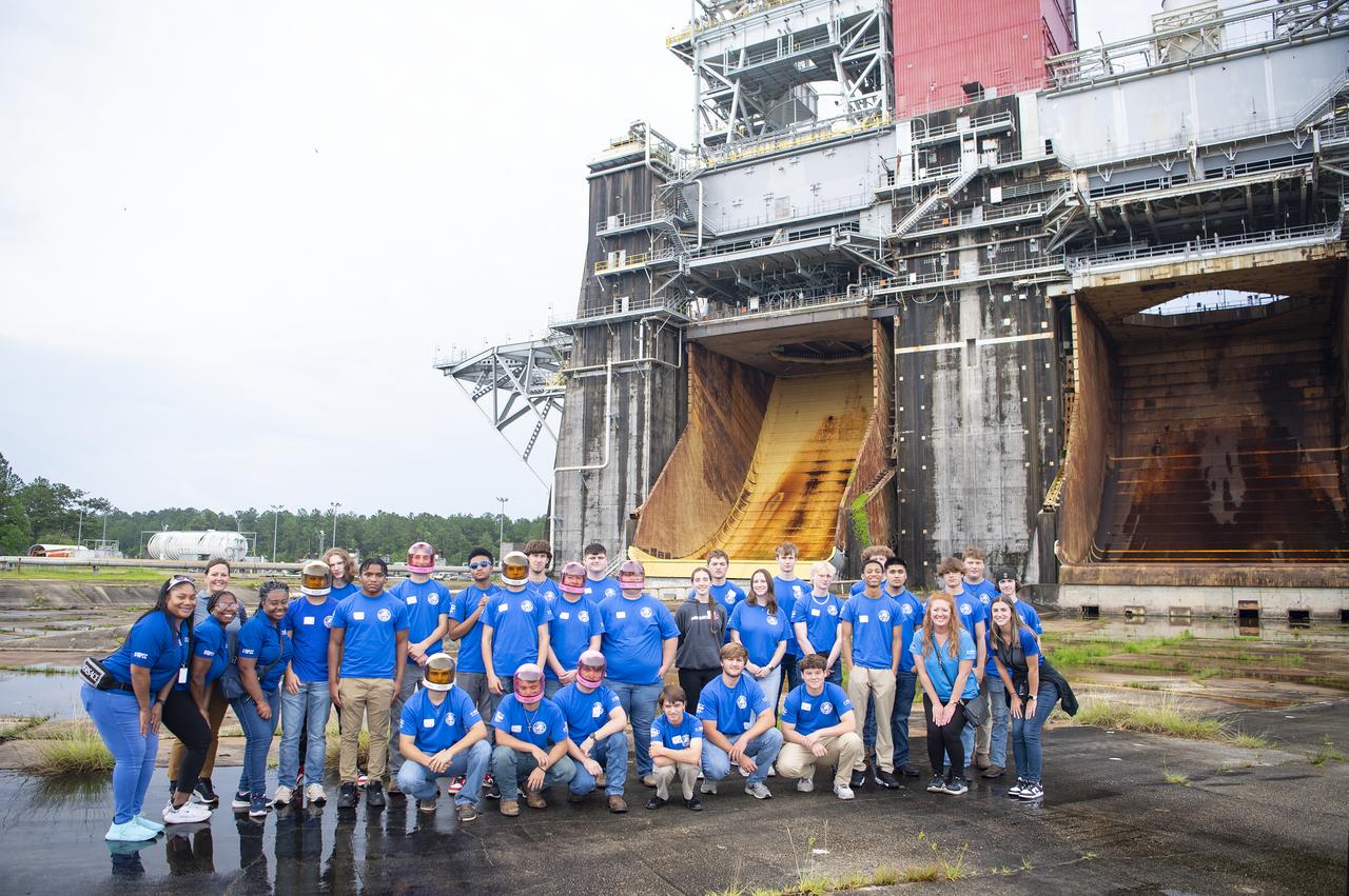 Rising high school juniors and seniors from Ascension Parish, Louisiana, visit the Thad Cochran Test Stand on June 6 during a tour of NASA’s Stennis Space Center. The students are part of the week-long BASF Tech Academy, in coordination with River Parishes Community College, where participants learn about technical careers and education. NASA Stennis is preparing the test stand to test the exploration upper stage, which will fly on future SLS (Space Launch System) missions as NASA continues its mission of exploring the secrets of the universe for the benefit of all. The upper stage is being built at NASA’s Michoud Assembly Facility in New Orleans as a more powerful second stage to send the Orion spacecraft to deep space. It is expected to fly on the Artemis IV mission. Before that, it will be installed on the Thad Cochran Test Stand (B-2) at NASA Stennis to undergo a series of Green Run tests of its integrated systems to demonstrate it is ready to fly.
